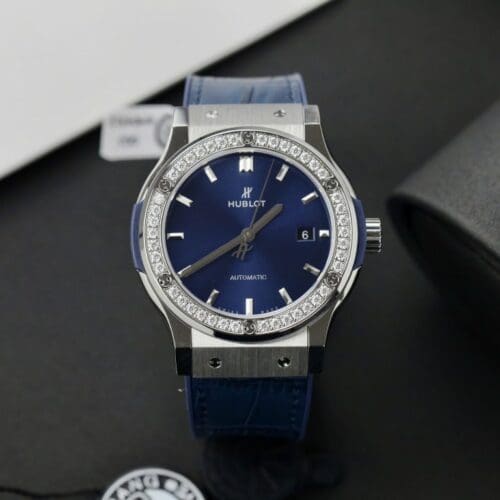 Hublot Classic Fusion Titanium Blue Dial 42mm Custom Moissanite Diamonds